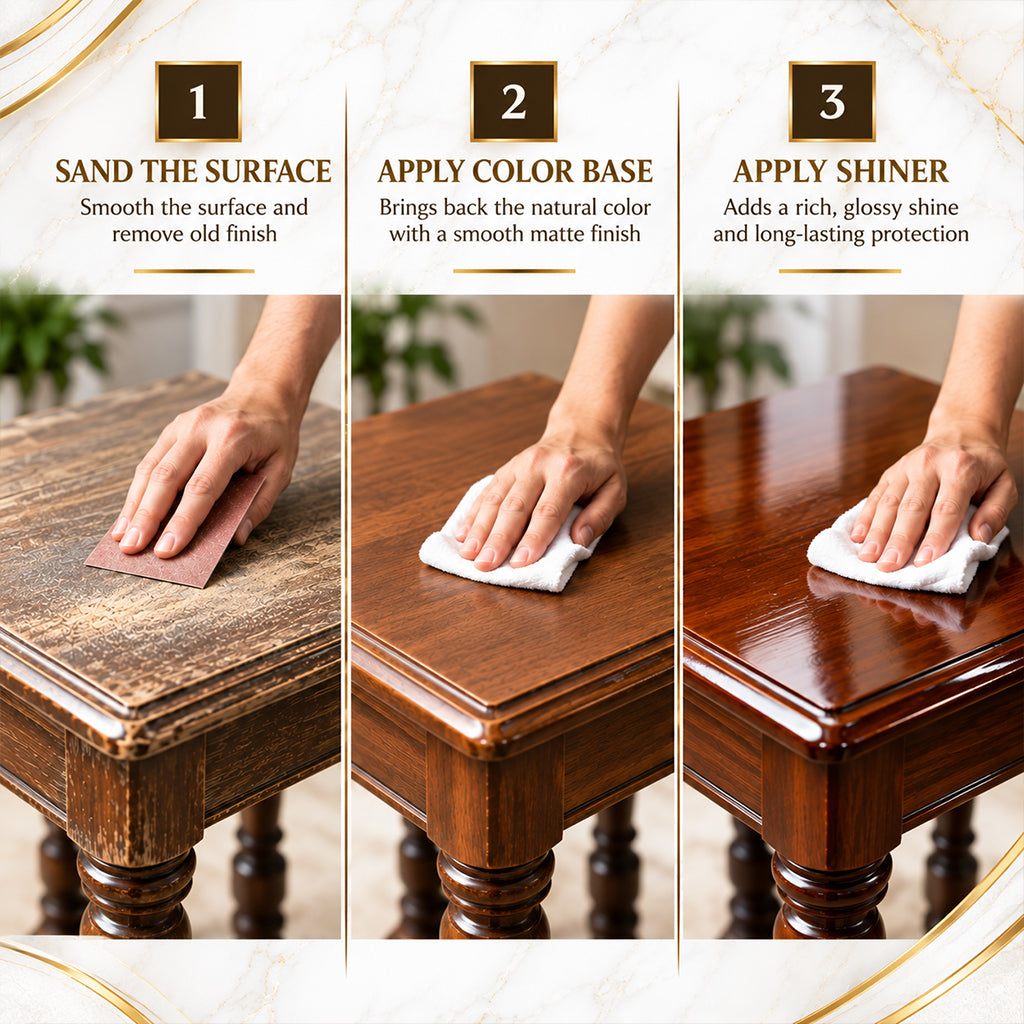 Three-panel instruction graphic showing a hand sanding, wiping, and polishing a wooden table to restore its finish. Text at the top reads '1 SAND THE SURFACE', '2 APPLY COLOR BASE', and '3 APPLY SHINER' with descriptive copy below each panel.