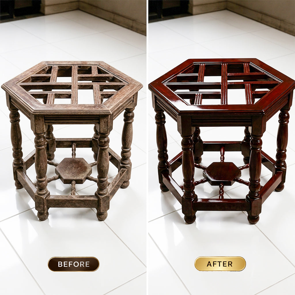 A side-by-side comparison showing a hexagonal wooden side table or stool in two finishes: a weathered brown wood finish labeled 'BEFORE' and a polished dark reddish-brown wood finish labeled 'AFTER', set on a white tiled floor.