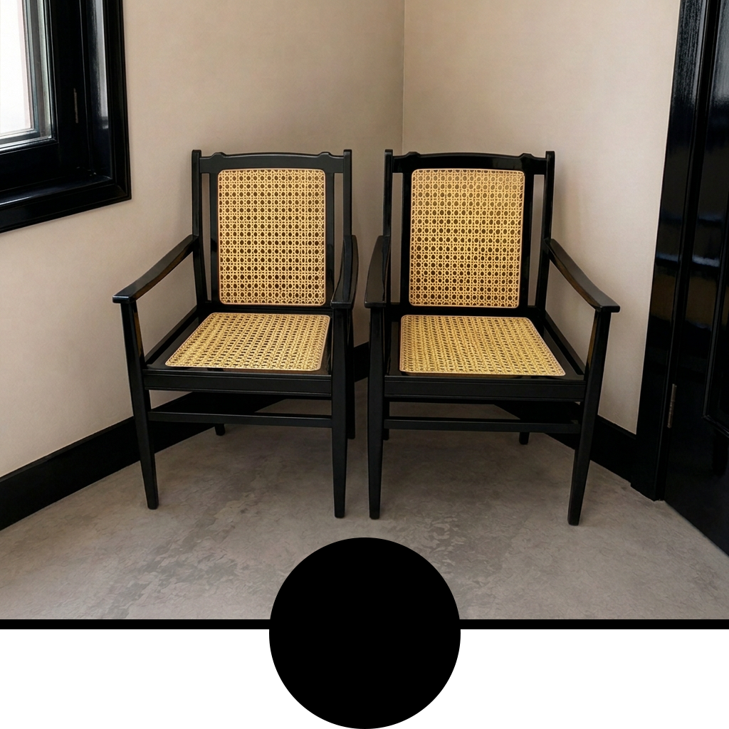 Two matching armchairs with black frames and woven cane seats, placed in a corner room with beige walls and a gray floor. A large black circle overlay appears at the bottom of the frame.