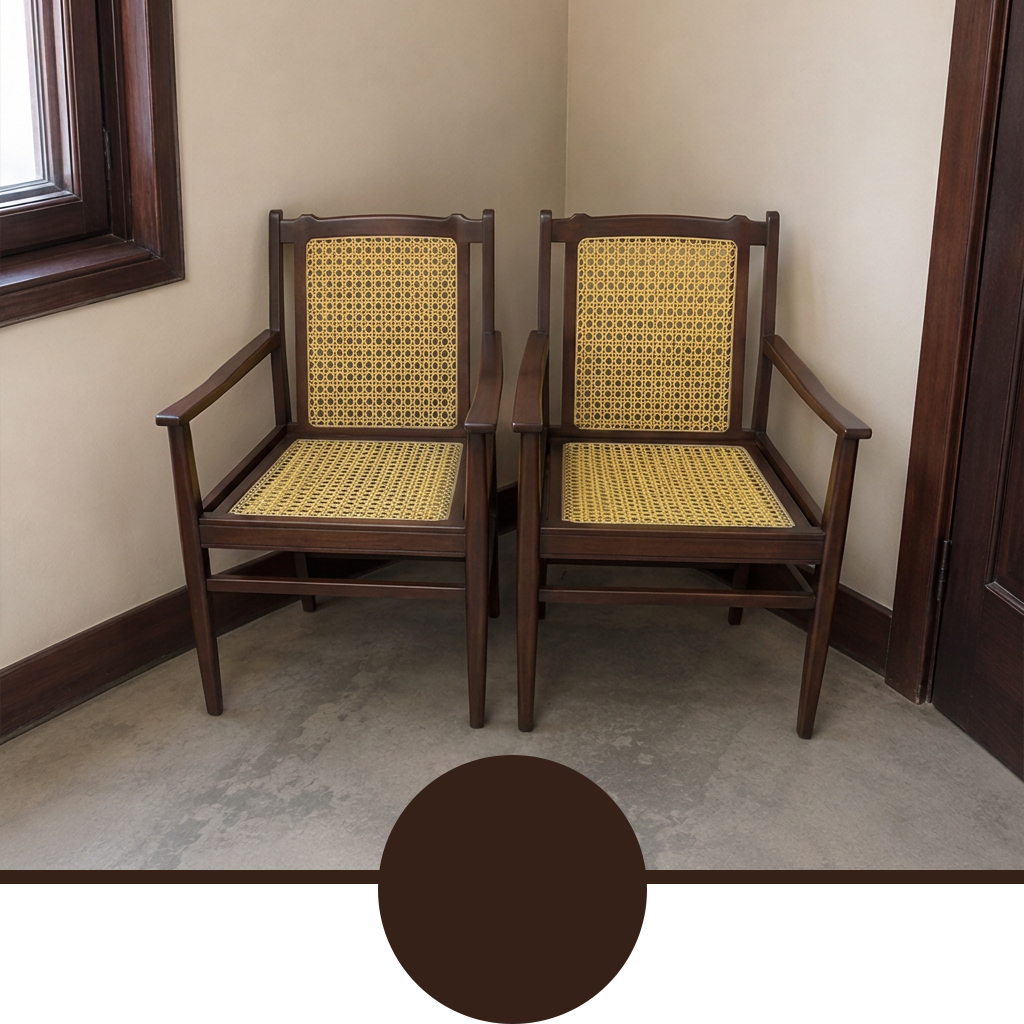 Two wooden armchairs with woven cane seats and backs, shown in a corner room with beige walls and a concrete floor. A large dark brown circular color swatch is overlaid at the bottom of the image.