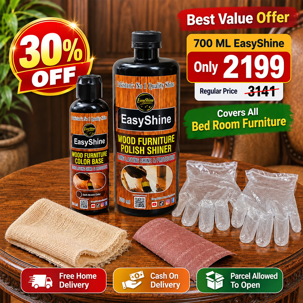 Two bottles of EasyShine Wood Furniture Polish Shiner with a beige microfiber cloth, a pink sanding sponge, and clear plastic gloves displayed on a wooden table, surrounded by promotional sale badges and delivery icons.