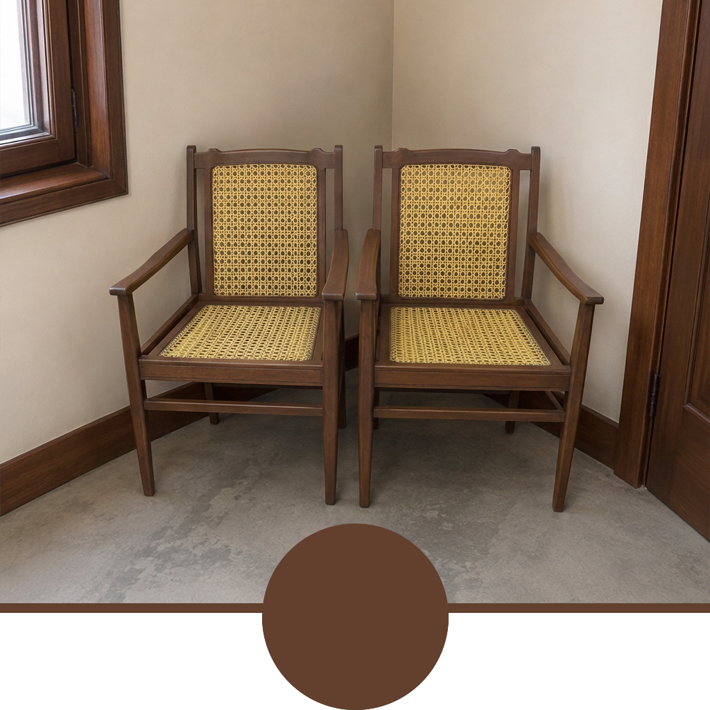 Two wooden dining armchairs with woven cane seats and backs, positioned in a corner of a room with beige walls and a concrete floor. A circular brown color swatch is overlaid at the bottom of the image.
