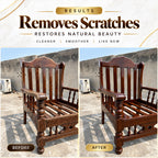 Before-and-after comparison graphic showing a dark brown wooden armchair outdoors, with text at the top reading 'Results Removes Scratches Restores Natural Beauty' and labels 'Before' and 'After'.
