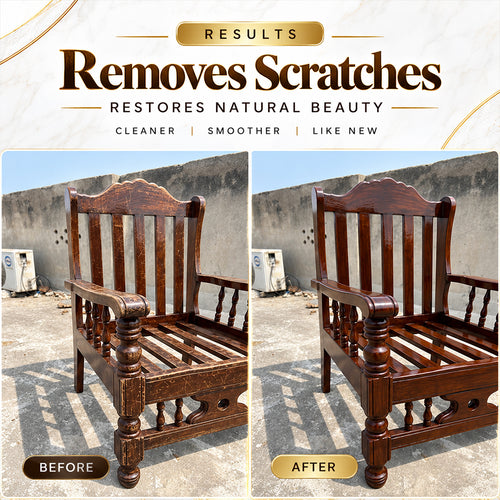 Before-and-after comparison graphic showing a dark brown wooden armchair outdoors, with text at the top reading 'Results Removes Scratches Restores Natural Beauty' and labels 'Before' and 'After'.