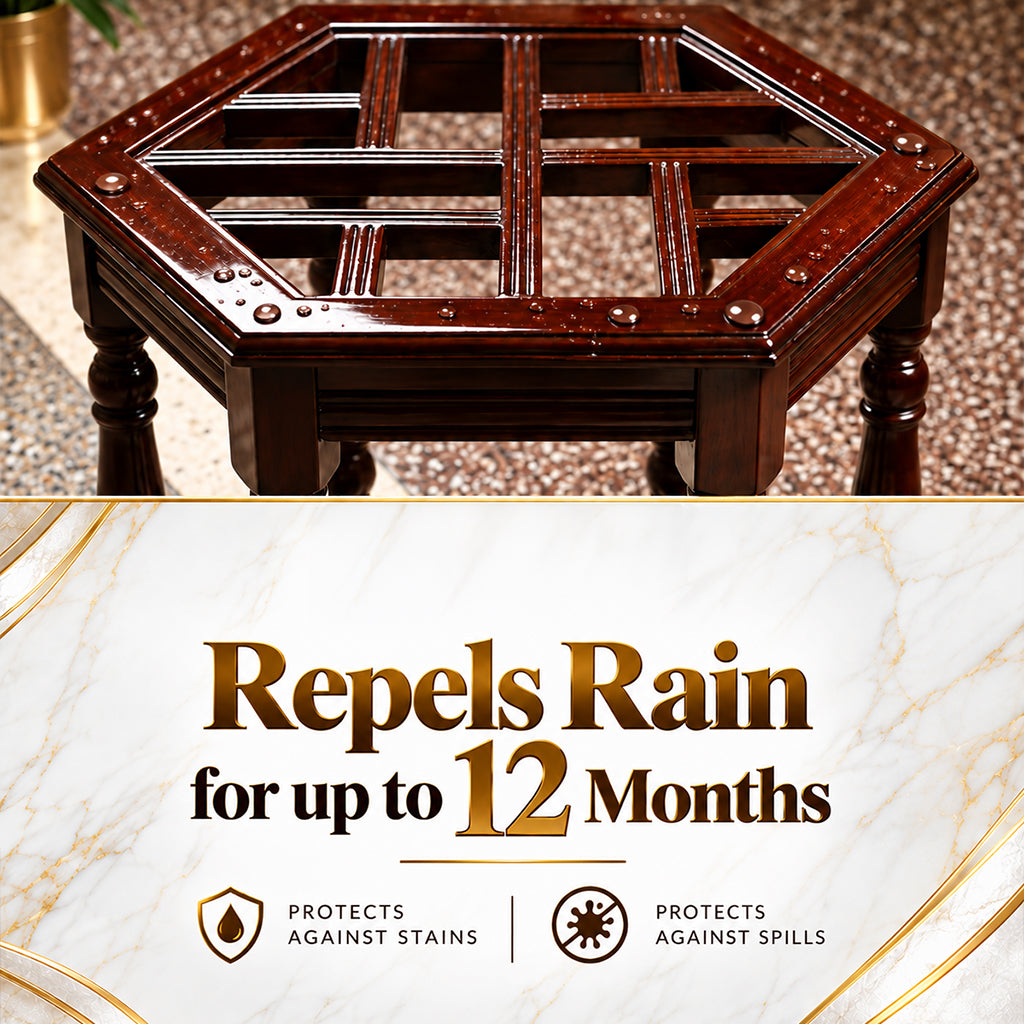A dark brown wooden hexagonal table with a slatted top and metal rivet details, shown above a promotional banner that reads 'Repels Rain for up to 12 Months' with stain and spill protection claims.